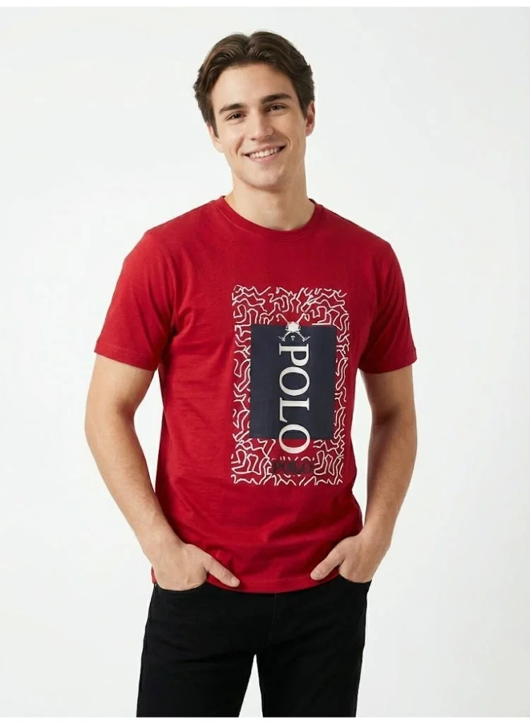 لعب البولو تيشيرت رجالي مطبوع - أحمر